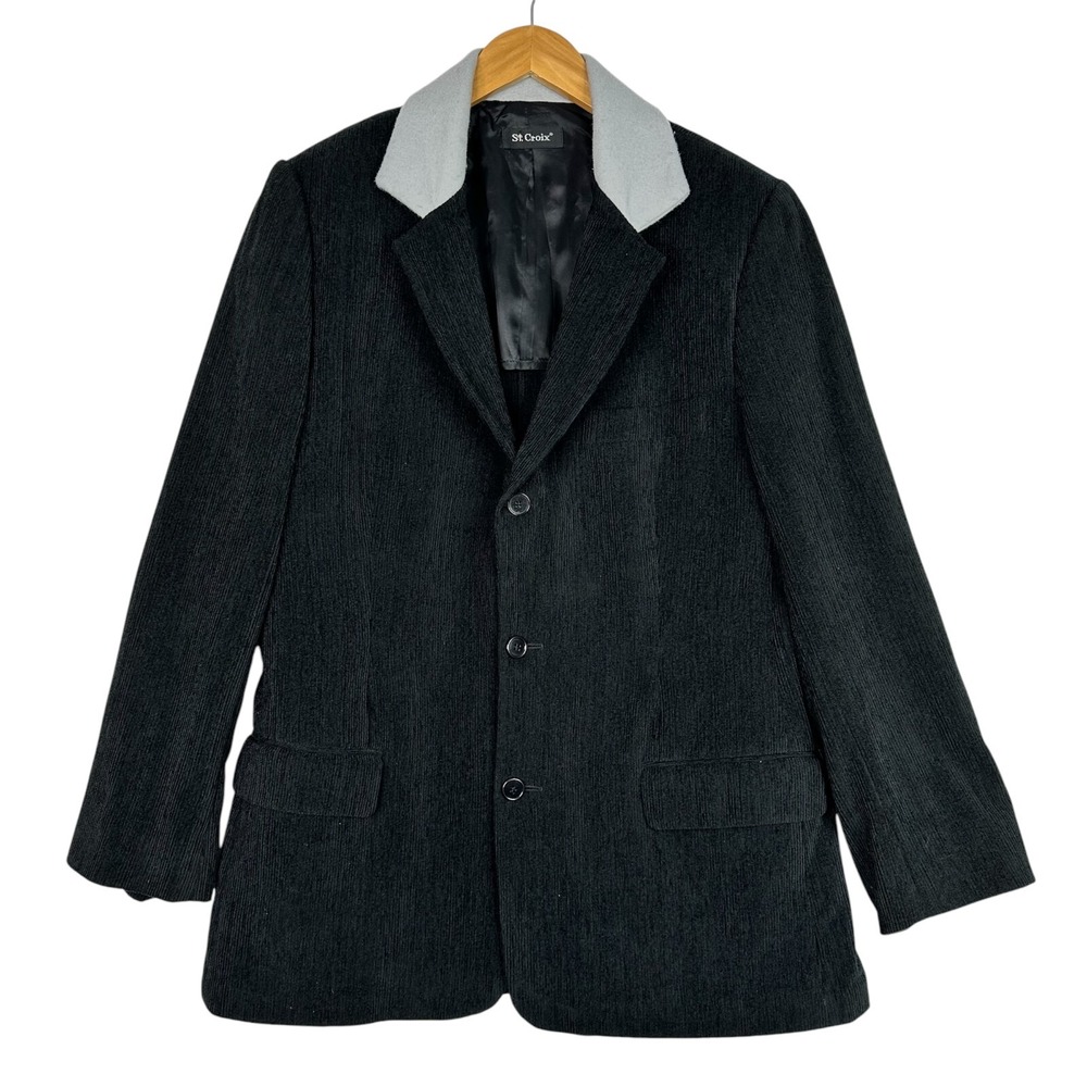 St Croix Mens Blazer 44 L Black Corduroy Gray Collar Made Italy Wool Blend